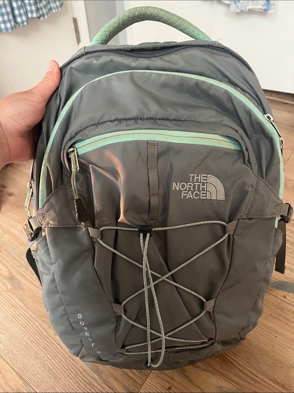 The North Face Gray Backpack with Mint Accents